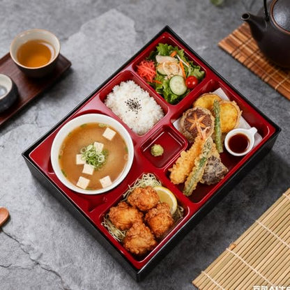 Teenyyou 4 Pcs 12 x 9.5 x 2.2 inches Japanese Bento Box 6 Compartments and Bowl Divided Japanese Food Presentation with Greaseproof Restaurant Bento Tray Sushi Tray Gift for Sushi Home Restaurant - style: 6 Compartments and Bowl