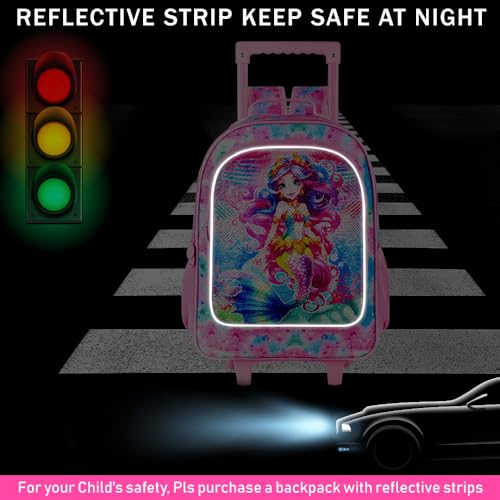 WZLVO 4PCS Rolling Backpack for Girls, Kids Mermaid Roller Backpacks with Wheels for Kids, Wheeled Bookbag Set for Toddler Elementary School - color: Mermaid Pink