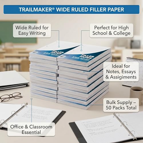 Trail Maker (50 Pack) Bulk Filler Paper College Ruled, 8 x 10-1/2 Inch College Ruled Paper, 3 Hole Punch, Loose Leaf Notebook Paper for 3 Ring Binders, 5000 sheets total - size: 50 Pack (5,000 Sheets)