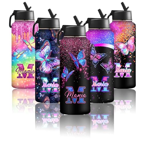 Personalized Water Bottles for Girl Purple Sparkling Butterfly Customized Stainless Steel Sports Waterbottle with Name, Double Wall Vacuum Insulated Travel Cup for School Holiday Camping Picnic - color: New-Color 04