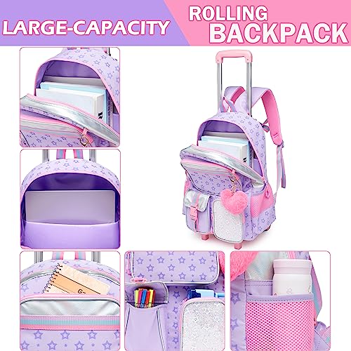Meetbelify Girls Rolling Backpack with Wheels - Cute Kawaii Carry On Backpack for Elementary Students - Purple - color: Star Purple