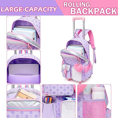 Meetbelify Girls Rolling Backpack with Wheels - Cute Kawaii Carry On Backpack for Elementary Students - Purple - color: Star Purple