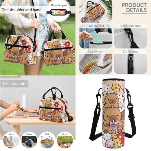 Horeset Capybaras Hippie Daisy Backpack Set for Girls Kids 17inch Bookbags with Water Bottle Cover Picnic Insulated Lunch Tote Bag Set of 3 Large Capacity Elementary Middle School Bags Rucksack - color: Capybaras Hippie Daisy