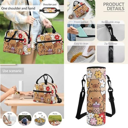 Horeset Capybaras Hippie Daisy Backpack Set for Girls Kids 17inch Bookbags with Water Bottle Cover Picnic Insulated Lunch Tote Bag Set of 3 Large Capacity Elementary Middle School Bags Rucksack - color: Capybaras Hippie Daisy