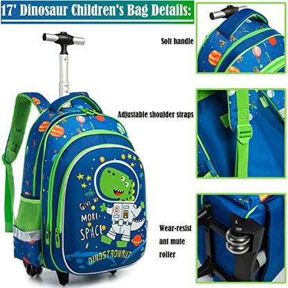 School Bags Kids Rolling Dinosaur Backpack With Wheels Trolley - 3PCS Boys Cat Backpack With Lunch Box Blue - color: Blue-220223-2-l