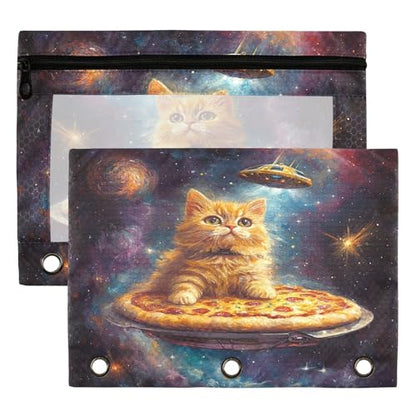 Star Cat Binder Pouches 3 Ring for Boys Girls School Office College Supplies Galaxy Space Pizza Alien Pencil Pouches Case Bag with Clear Window and Zipper 2 Pack - color: Pizza Cat
