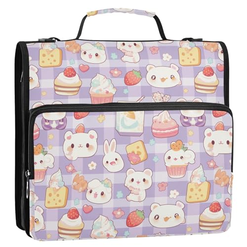 Kawaii Cartoon Zipper Binder 3 Ring Binder 1.5 Inch with Zippers Shoulder Strap & Handle Binders Organizer Bag - color: Blue Plaid