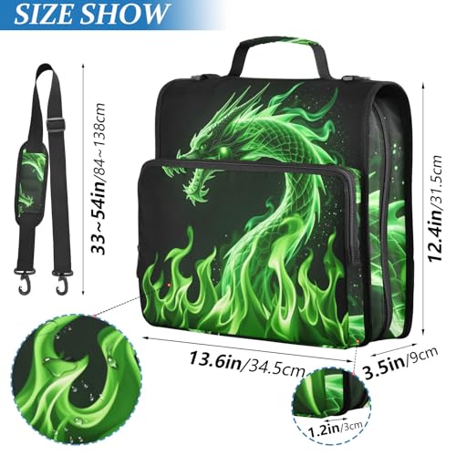 Green Dargon 3 Ring Zipper Binder Bag Binder Organizer with Handle Shoulder Strap for School Work Office Supplies - color: Green Dargon