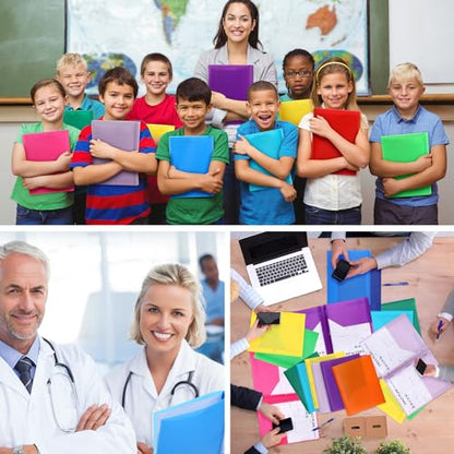 Cholemy 132 Packs Pocket Folders with Prongs Heavy Duty Plastic Folder with Business Card Slot 3 Prong Fasteners for School Office (Bright) - color: Bright