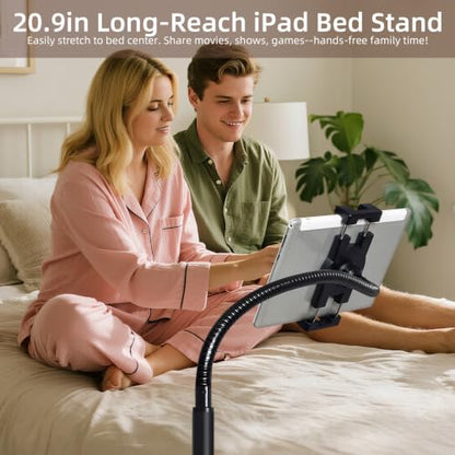 Rolling Tablet Holder Stand Adjustable Height & 360° Rotatable | 6.6LB Wood Base Mobile Tablet Mount, for Bed, Couch, Workout, Compatible with iPad Pro/Air/Mini, Phone (4.7-13")