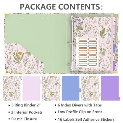 3 Ring Binder 2 Inch, Cute Round Ring Binders with 6 Tab Dividers, Labels Stickers, Low Profile Clipboard with Storage, Fashion Binder School Office Supplies (Wild Flowers) - color: Wild Flowers