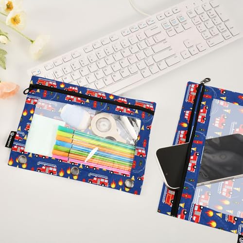 Fire Fightine Truck Binder Pouches 3 Ring for Boys Girls School Office College Supplies Cars Pencil Pouches Case Bag with Clear Window and Zipper 2 Pack - color: Fire Engine