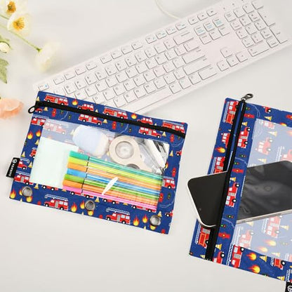 Fire Fightine Truck Binder Pouches 3 Ring for Boys Girls School Office College Supplies Cars Pencil Pouches Case Bag with Clear Window and Zipper 2 Pack - color: Fire Engine
