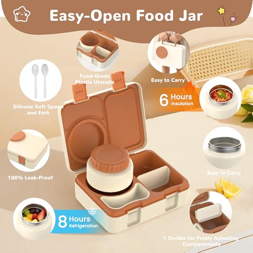 Bento Box for Kids, Leakproof Kids Bento Lunch Box Container with 8oz Insulated Thermo Food Jar, Sauce Jar, Utensil, DIY Stickers for School Boys Girls, 3-4 Compartments, BPA-Free - color: Beige