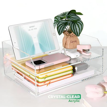 Paper Tray Organizer for Desk, 2 Tier Acrylic Desk Organizers and Accessories, One-Piece Integrated A4 Paper Organizer with Handles, Crystal-Clear Letter Tray & Compact Office File Holder - size: 2-Tier-Horizontal