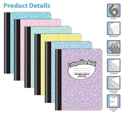 Better Office Products Composition Book Notebook, Hardcover, Assorted Pastel Covers, Wide Ruled (11/32-inch), 80 Sheet, One Subject, 9.75" x 7.5", 6 Pack