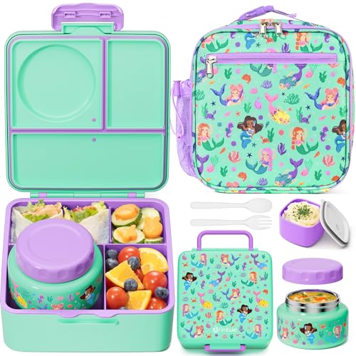 Fimibuke Bento lunch Box Set for Kids Adult with 8oz Insulated Food Jar, Lunch Bag & Sauce Cup, Leakproof Dishwasher Safe Toddler Lunch Food Container with 3-4 Compartment for School Girls Boys - color: A3.Underwater Mermaid