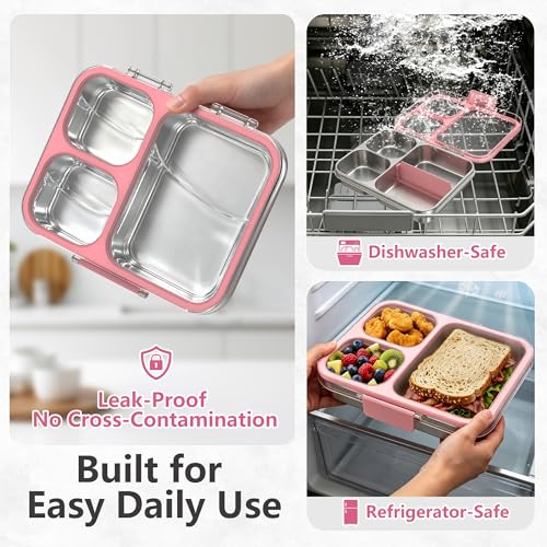 Stainless Steel Bento Lunch Box, 34oz/1000ml Leak Proof Metal Container, Lightweight 3mm Ultra-Narrow Bezel with Tritan Lid for Kids & Adults, 3-Compartment, BPA/BPS Free, Dishwasher Safe, Pink - color: Pink, size: 34oz/1000ml