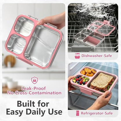 Stainless Steel Bento Lunch Box, 34oz/1000ml Leak Proof Metal Container, Lightweight 3mm Ultra-Narrow Bezel with Tritan Lid for Kids & Adults, 3-Compartment, BPA/BPS Free, Dishwasher Safe, Pink - color: Pink, size: 34oz/1000ml