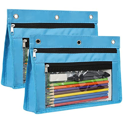 YoeeJob 2 Pack 1 Inch Expandable Zipper Pencil Pouches with Clear Window for 3 Ring Binder, Suitable for School & Office(Sky Blue) - color: Sky Blue
