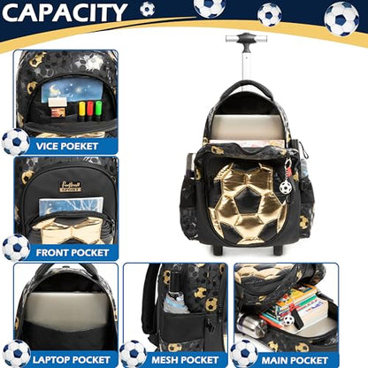 Kids Rolling Backpack Roller Backpack with Wheels Elementary Kindergarten School Students Football Trolley School Bag for School Boys - color: Football Black