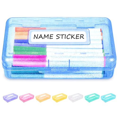 Sooez Pencil Box with Personalized Sticker,Large Hard Pencil Case Organizer | Clear Plastic Crayon Box for Girls and Boys, Colored Marker Organizer, Small Plastic Containers/Bins with Lids, Art Supply - color: Blue Glitter