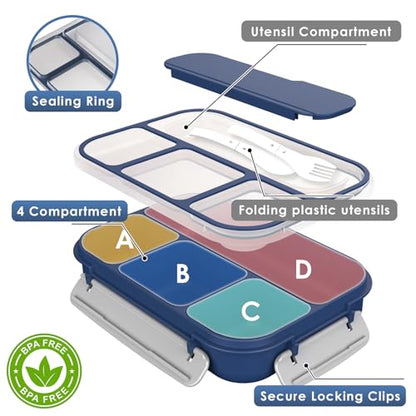 WHALEHOUSE Bento Lunch Box, 1000ML 4 Compartments Meal Prep Container with Utensil, Airtight Food Storage Container with Snap Locking Lids, Microwave/Dishwasher/Freezer Safe, On the Go - color: 1000mL-Dark Blue
