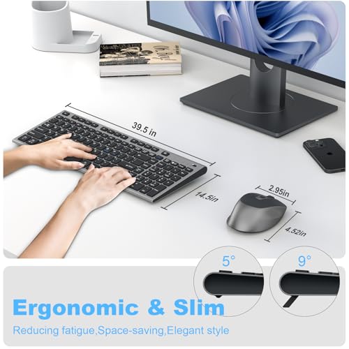 FENIFOX Wireless Keyboard and Mouse, Rechargeable USB C Combo Silent Quiet Compact Full Size Flat with Number Pad Soft Cover for Mac MacBook iMac Windows PC Laptop Computer Office - Black & Grey - color: Black Grey
