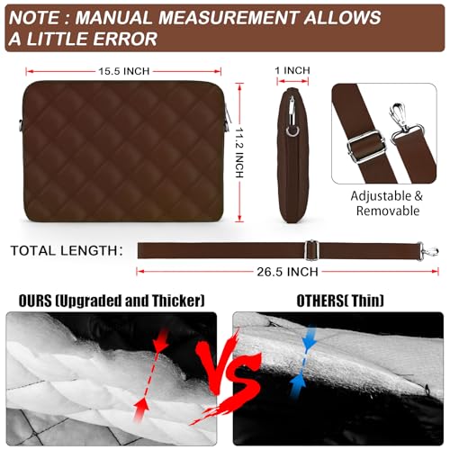 Puffy Quilted Laptop Sleeve with a Removable Shoulder Strap Compatible with MacBook Air 15 inch M2 A2941 2023/Pro 15 A1990 A1707, 15 Surface Laptop 5/4/3,Dell XPS 15,HP Stream 14 inch - color: Sleeve - Coffee, size: 15 inch