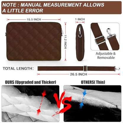 Puffy Quilted Laptop Sleeve with a Removable Shoulder Strap Compatible with MacBook Air 15 inch M2 A2941 2023/Pro 15 A1990 A1707, 15 Surface Laptop 5/4/3,Dell XPS 15,HP Stream 14 inch - color: Sleeve - Coffee, size: 15 inch