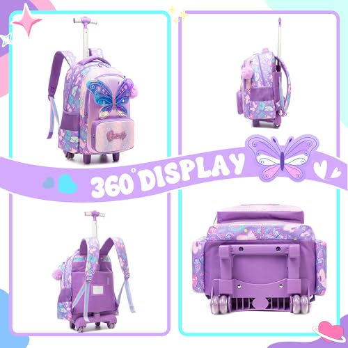 Girls Rolling Backpack with Wheels for Kids 3D Butterfly School Roller Backpack,Carry on Travel Luggage with Lunch Bag and Pencil Case for Girls Ages 5-12 - color: 01 Butterfly