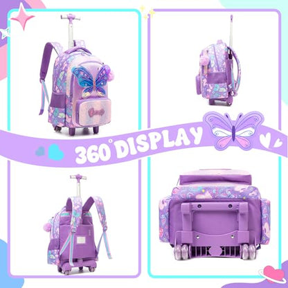 Girls Rolling Backpack with Wheels for Kids 3D Butterfly School Roller Backpack,Carry on Travel Luggage with Lunch Bag and Pencil Case for Girls Ages 5-12 - color: 01 Butterfly