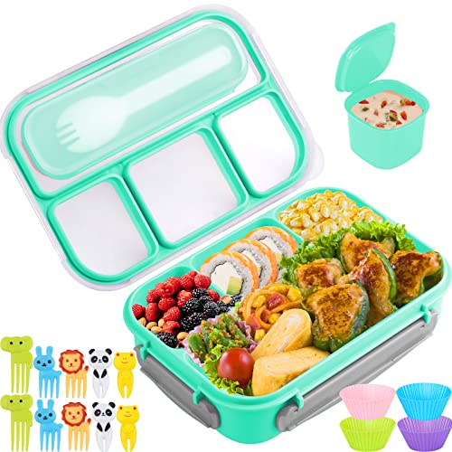 Yumuk Bento Box for Kids, 1300ML Lunch Box Kids with 4 Compartment & Food Picks Cake Cups, Lunch Box Containers for Adults/Kids/Toddler, Leak-Proof (Green) - color: Green