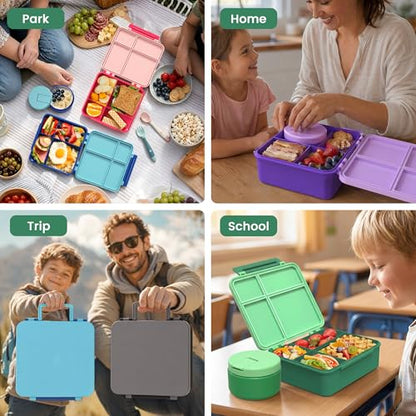 LOHASOK Bento Lunch Box Kids with 8oz Soup Thermo, Leak-Proof Lunch Containers with 4 Compartment, Thermo Hot Food Jar and Insulated Lunch Box for School Green - color: Green