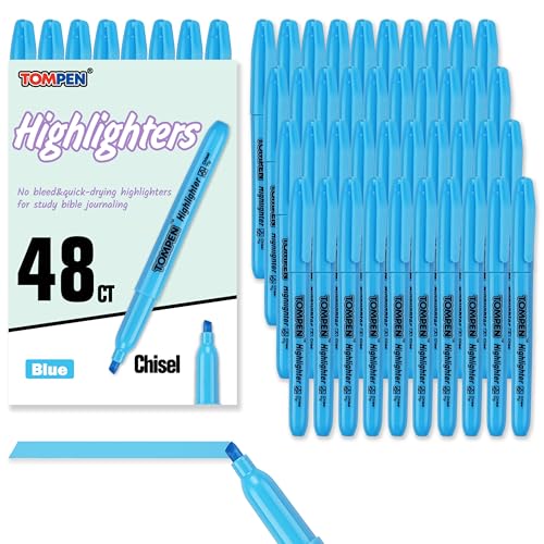 Highlighters Blue 48 Pack,Bible Highlighters No Bleed–Bulk Chisel Tip Highlighter Markers Set for School,Office,Study,Journaling–Smear-Free,Quick Dry–Fluorescent Pens for Teachers Students