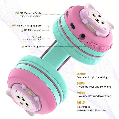 Riwbox CB-7S Kids Wireless Headphones,with Safe Volume Control 74/85/95dB,LED Glow Lights,50H Playtime,Bluetooth V5.3,Built-in Mic, TF Card Slot,for Travel/School/Phone/Laptop (Pink&Green) - color: Pink&Green