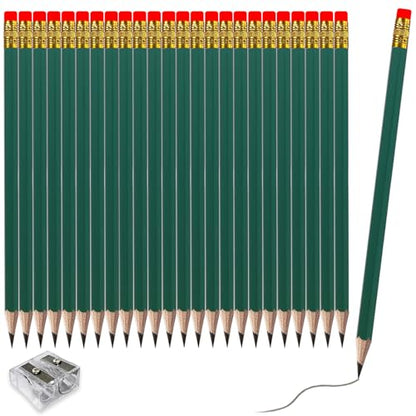 Adhere 25pcs Woodcase Pencils with Eraser Premium Pre-Sharpened Hexagon Graphite 2B pencils ideal for home, office writing including a Free Sharpener.(Dark Green) - color: Dark Green・25pcs