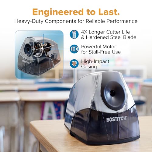 Bostitch Office Electric Pencil Sharpener for Classroom & Desk Use, Heavy-Duty Stall-Free Motor, High-Capacity Shavings Tray, Chrome - color: Chrome