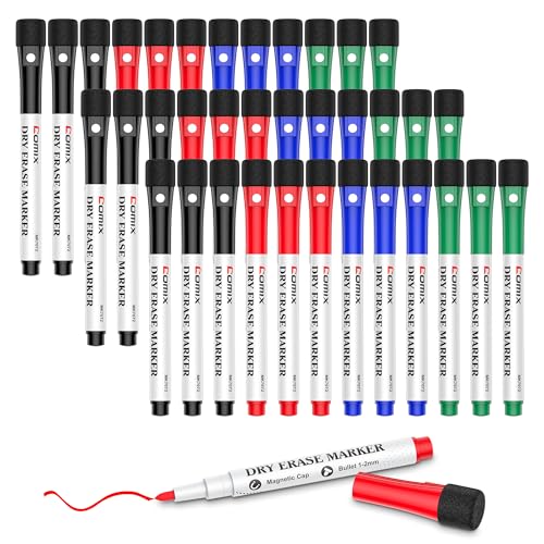 Comix Magnetic Dry Erase Markers, Fine Tip Whiteboard Markers with Eraser Cap, 36 Count 4 Colors Low Odor Black Markers for Kids Teachers