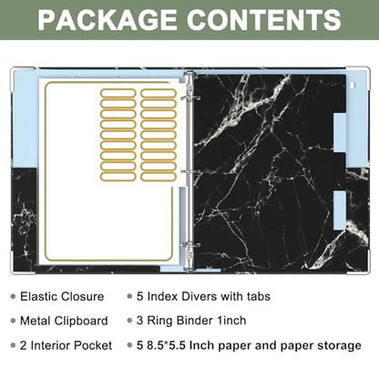 Rouidr Mini 3 Ring Binder with Clipboard, 1 inch Round 8.5 x 5.5 in Cute Binders Organizer with 5 Dividers Tabs & Clear Sleeves, School Supplies, Office Supplies, Black Textured Marble - color: Black Textured Marble, size: Mini 1in(8.5 x 5.5 in)