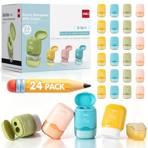 Deli Pencil Sharpener & Eraser, 24 Pack Pencil Sharpeners Manual, Dual Holes Compact Colored Handheld Pencil Sharpener with Lid for Kids, School, Office - size: 24 Pack