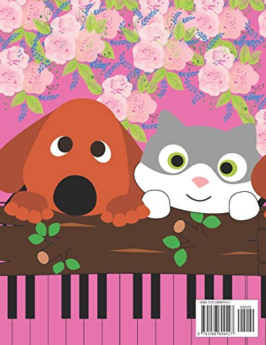 Music Notebook Wide Staff: Blank Music Sheet Notebook,Staff Paper,Music Manuscript Paper,6 Staves,Large Staff,8.5"x11",100 Pages,For Boys,Girls, Kids, Beginners/DOG CAT ON TREE PINK FLOWER PIANO KEY.