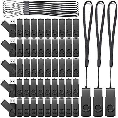 Aoriher 50 Pack USB 2.0 Flash Drives Bulk, Portable USB Thumb Drives with Lanyards, Swivel Flash Drives Thumb Drives for Office School Data Storage (Black, 128MB)