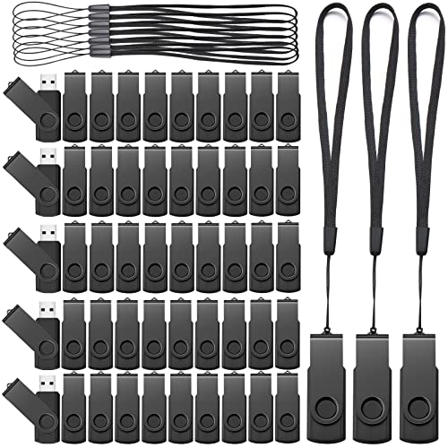 Aoriher 50 Pack USB 2.0 Flash Drives Bulk, Portable USB Thumb Drives with Lanyards, Swivel Flash Drives Thumb Drives for Office School Data Storage (Black, 128MB)