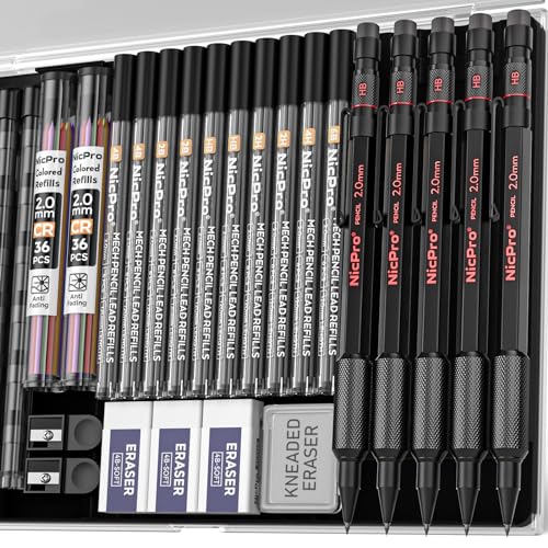 Nicpro 5 Pack 2mm Mechanical Pencils Set with Case, 65 Graphite Lead Refills (6B 4B 2B HB 2H 4H), 72 Colored Lead, Erasers -Weatherproof Metal Barrel, Heavy Duty Carpenter Pencil For Drawing Sketching - size: 5 Pack