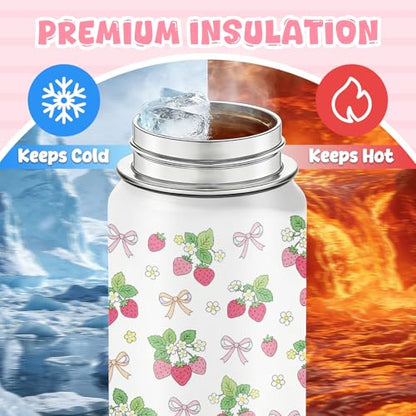 18oz Strawberry Water Bottle with 2Lids (Spout and Straw Lid), Insulated Stainless Steel Travel Bow Tumbler Cup, Strawberries Gifts for Women Teens Kids Girls - color: Strawberry