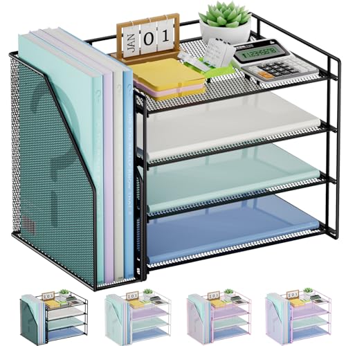 Marbrasse Desk Organizer and Accessories，4-Tier Paper Letter Tray Organizer with File Holder，Desk Accessories & Workspace Desktop Organizers for School Home Office Supplies (Black) - color: Black