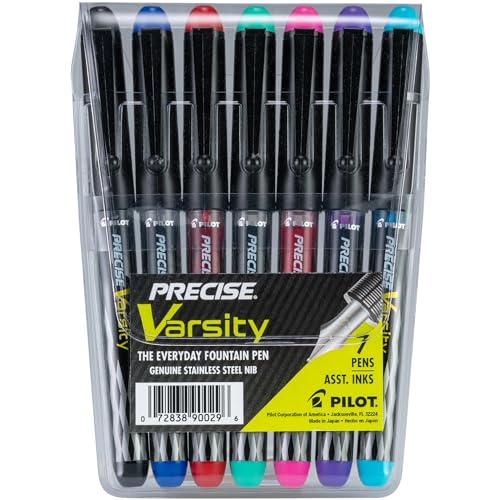 Pilot Precise Varsity Pre-Filled Fountain Pens for Writing, Medium Point Stainless Steel Nib, Black/Blue/Red/Pink/Green/Purple/Turquoise Ink, 1.0mm, 7-Pack - color: Black/Blue/Red/Pink/Green/Purple/Turquoise, size: 7 Count (Pack of 1)