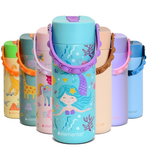 Elemental Insulated Kids Water Bottle, Stainless Steel Water Bottle with Straw Lid & Pop-It Handle, Leak-Proof Water Bottles for School, Boys or Girls, Travelling and Sports, 18oz - Mermaid - color: Mermaid