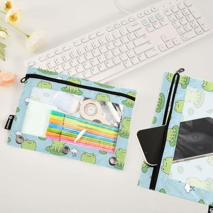ZAZYXTJ Frogs Binder Pencil Pouchs 3 Ring with Zipper Clear Window Office Organizers bag for School Students Teacher Supplies 2 Pack - color: Frogs